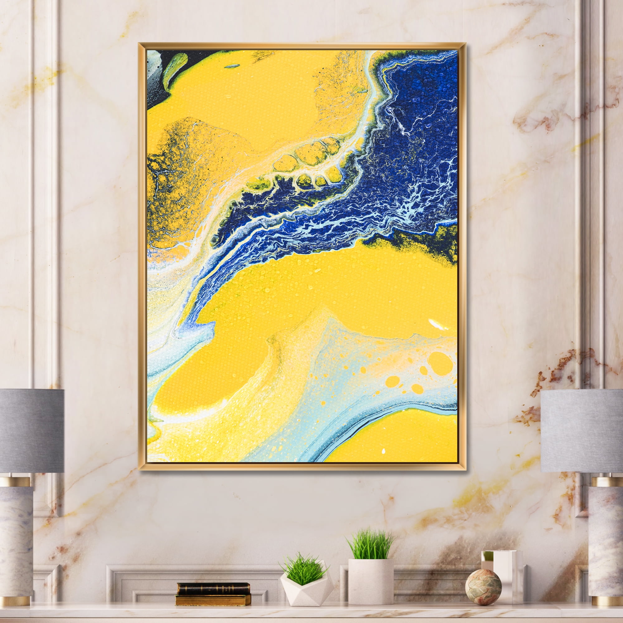 Designart 'Abstract Composition In Blue and Yellow VII' Modern Framed Canvas Wall Art Print