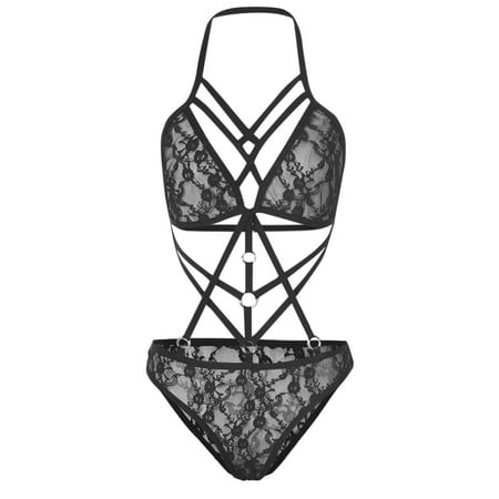 

Women Bandage Lace Romper Elastic Top Panties Set Hollow Out Cage Bra Bodysuit Underwear Nightwear Lingeries Chemise Nightie Sleepwear