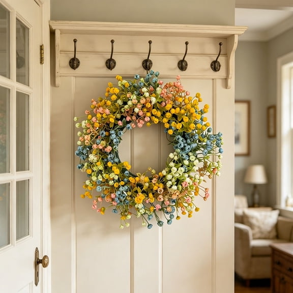 Bcylexb 11.8" Artificial Baby's Breath Wreath, Spring Summer Flower Wreath Muliticolor Wreath for Front Door Indoor Outdoor Home Decor