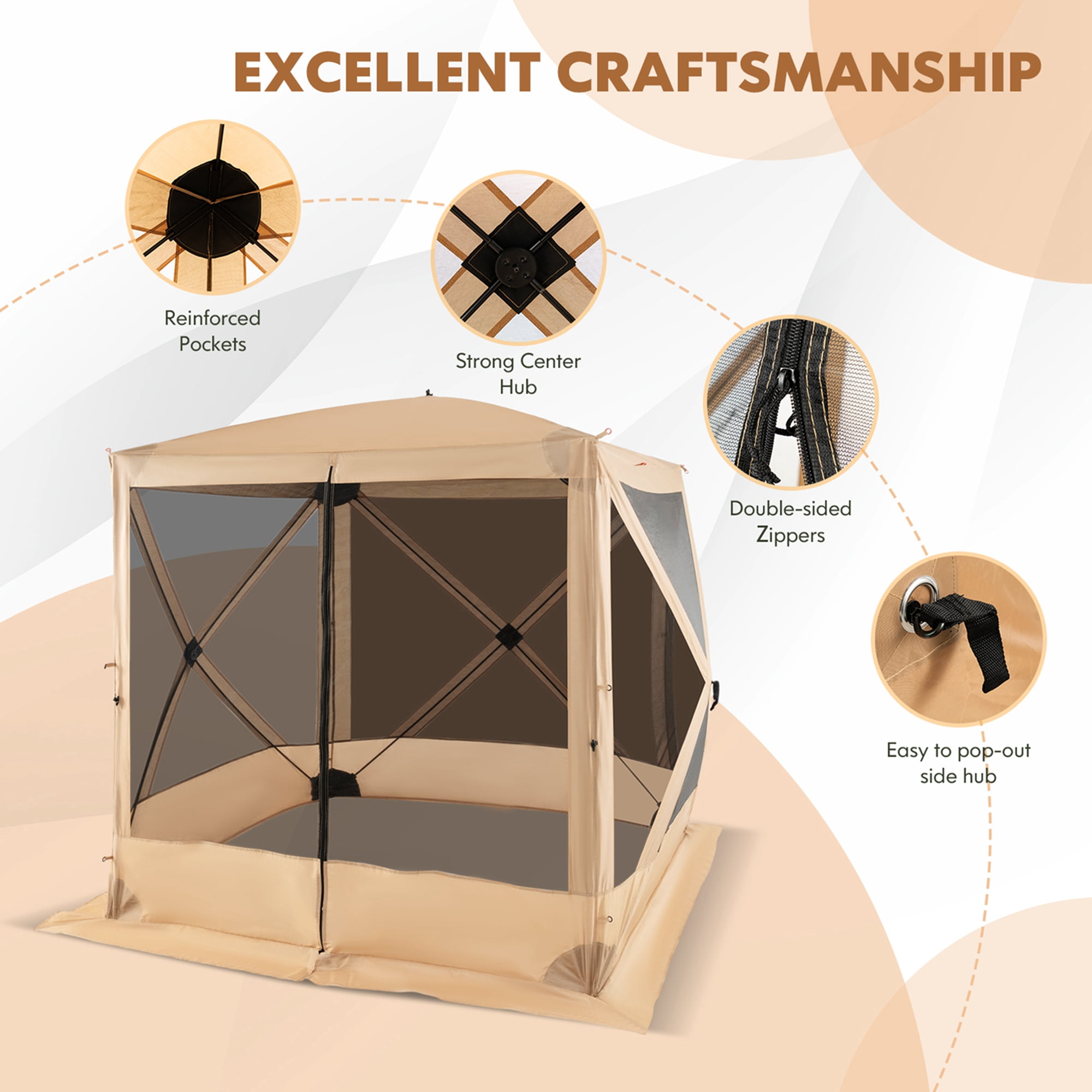 Costway 6.7 FT x 6.7 FT 4-Panel Pop up Camping Gazebo Quick-Set with 2 Sunshade Cloths Coffee