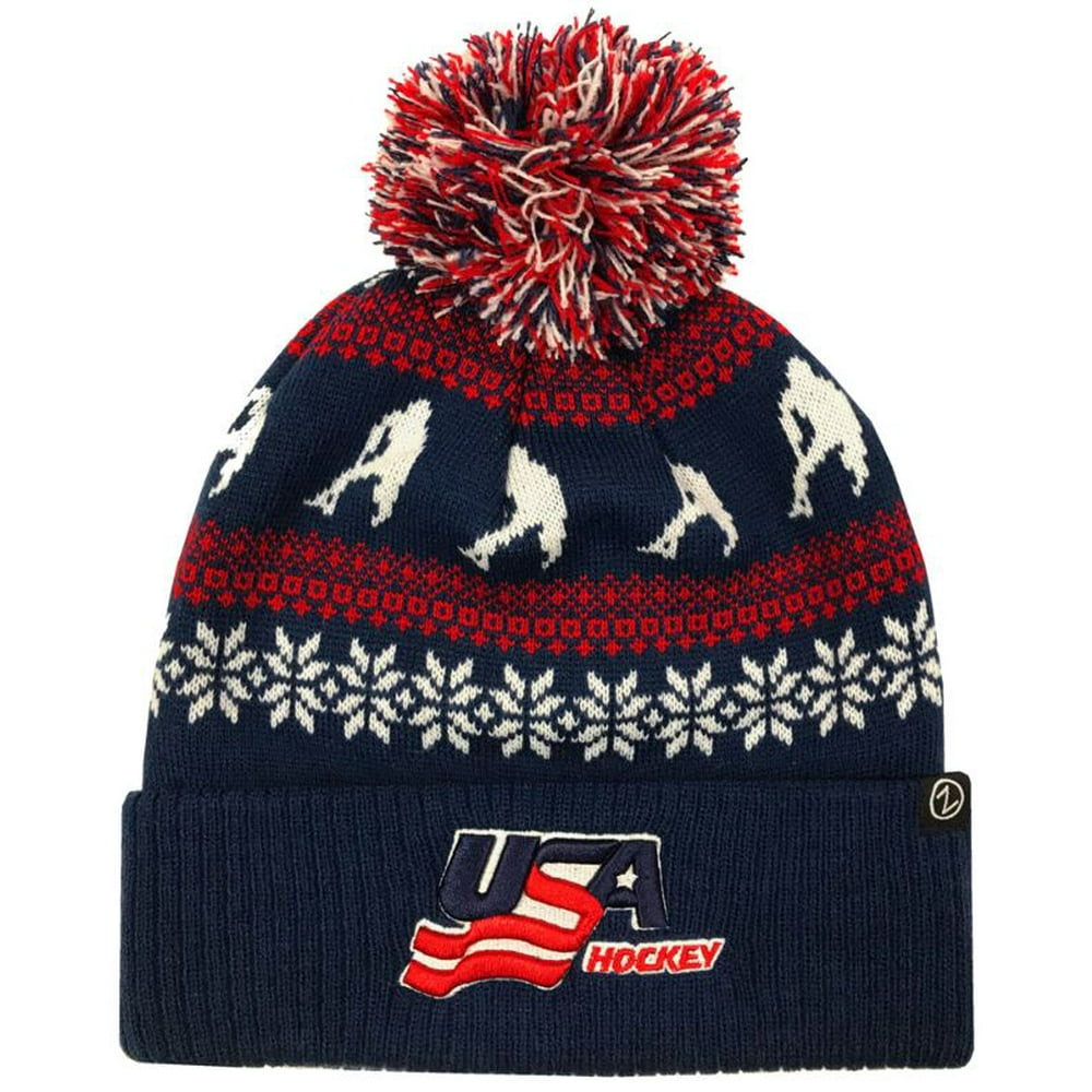Zephyr Hats USA Hockey Carousel Knit Beanie Cap Hats w/ Pom Ski Winter