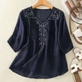 thumbnail image 5 of Summer Linen Blouses for Women 2026 Trendy V Neck Boho Embroidered Tops Half Sleeve Vacation Dressy Casual Shirts Peasant Tees Spring Trendy Womens Tops Navy L, 5 of 5