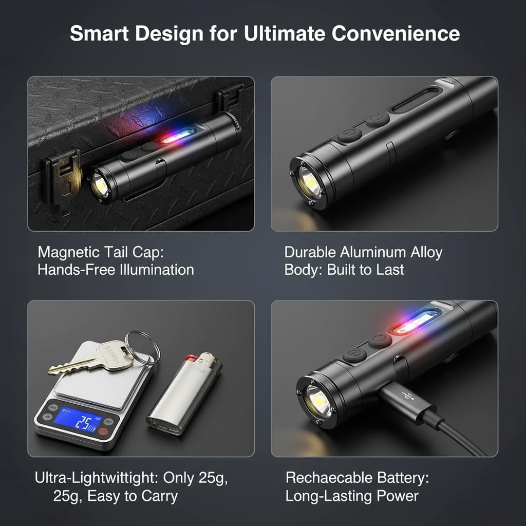 Pocket Rechargeable EDC Flashlight - 500 Lumens Mini Keychain Light with Fire Starter, Window Breaker & Magnetic Base, Multi-Color & UV Side Lights, Emergency Strobe for Camping, Travel, Car Survival