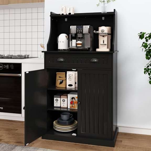 54" Freestanding Kitchen Pantry Storage Cabinet with Doors and Adjustable Shelves, Microwave Oven Cabinet with Drawer for Kitchen, Bathroom or Hallway,Black