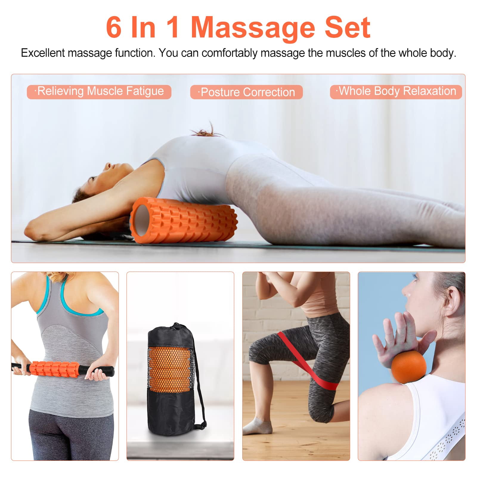 5 In 1 Foam Roller Set Includes Hollow Core Massage  Yoga Stick Ball Fitness Stretching Strap Carrying Bag Towel (orange)