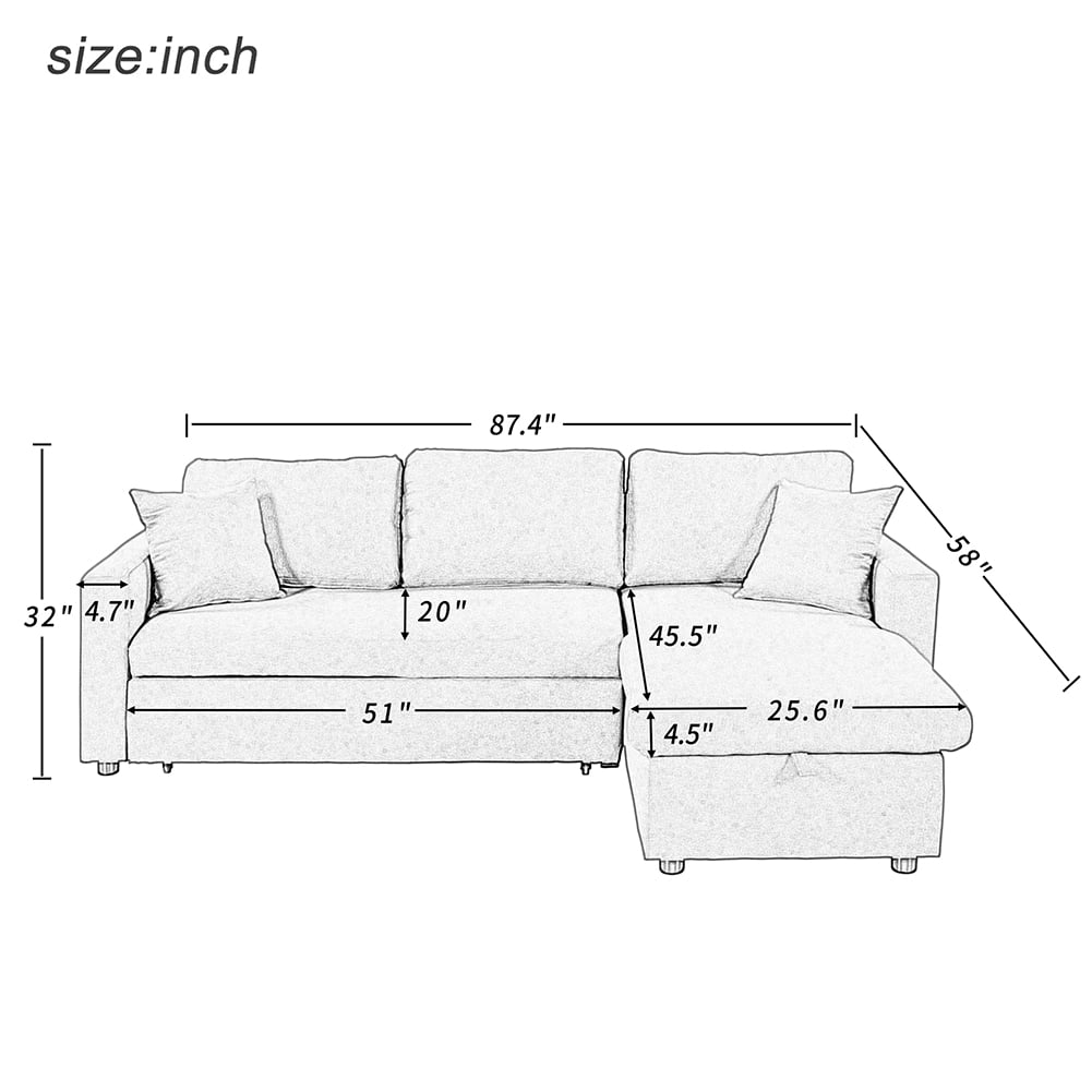 Lowestbest L-Shaped Sofa Bed, Upholstery Reversible Sleeper Sectional Sofa with Storage Space and 2 Tossing Cushions Lowestbest L-Shaped Sofa Bed, Upholstery Reversible Sleeper Sectional Sofa with Storage Space and 2 Tossing Cushions