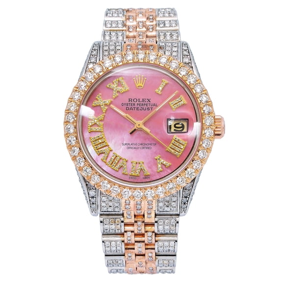 Pre-Owned Rolex Datejust 36MM 1601 Pink Mother of Pearl Roman Diamond Dial Diamond Bezel Two Tone Rose Gold Full Diamond Jubilee Bracelet