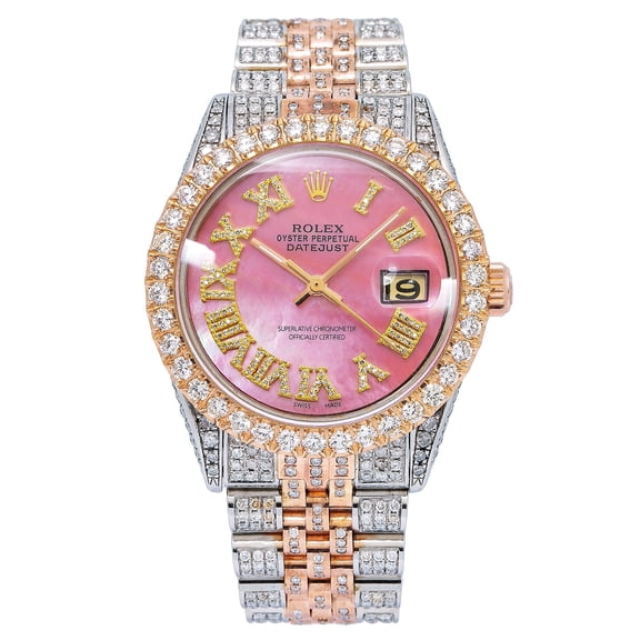 Pre-Owned Rolex Datejust 36MM 1601 Pink Mother of Pearl Roman Diamond Dial Diamond Bezel Two Tone Rose Gold Full Diamond Jubilee Bracelet
