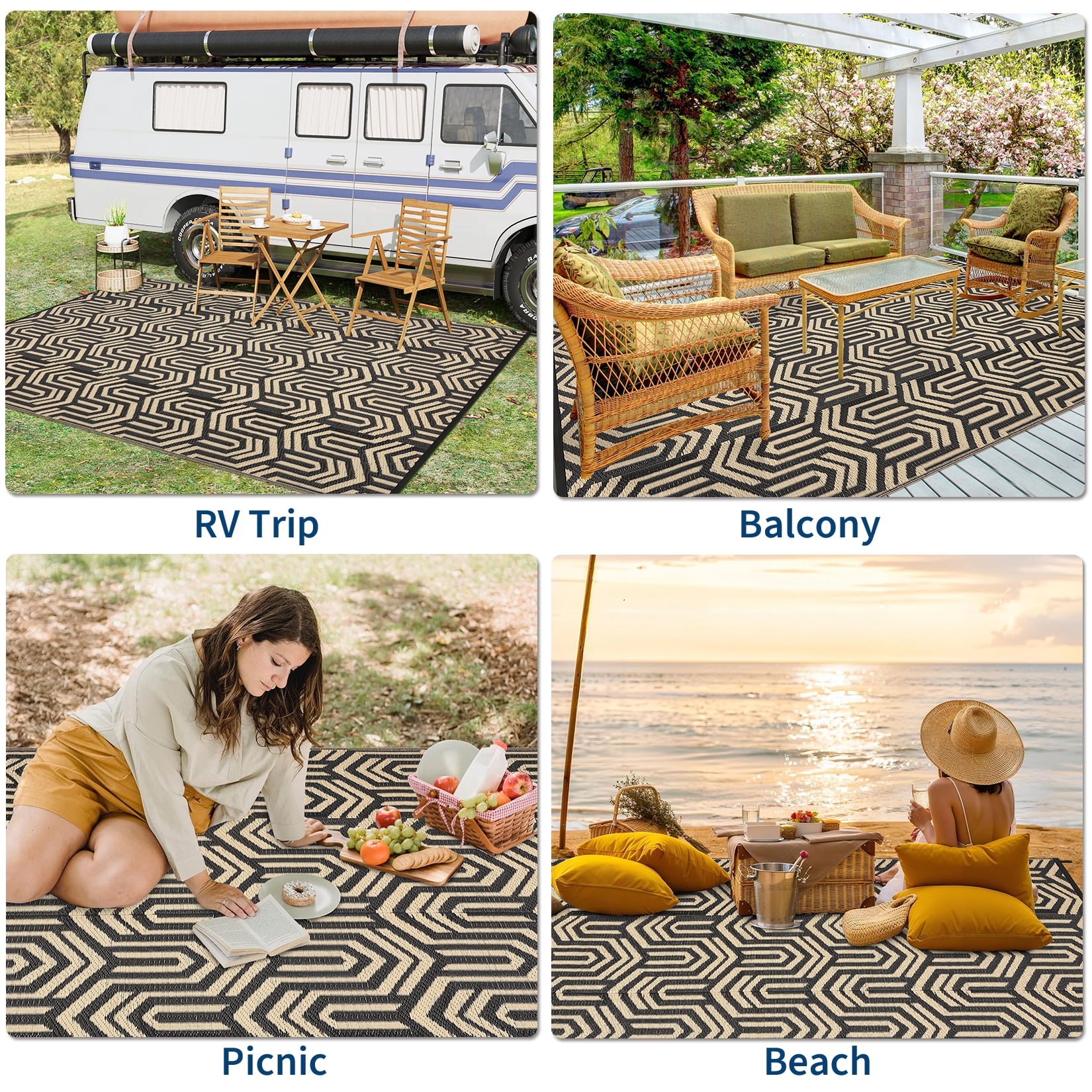 HIWEAVER 9' x 18' Black/Brown Outdoor Rug PP Plastic Straw Woven Waterproof Patio Rug with Border Portable Outside Carpet for Balcony Deck Picnic Garden Decor