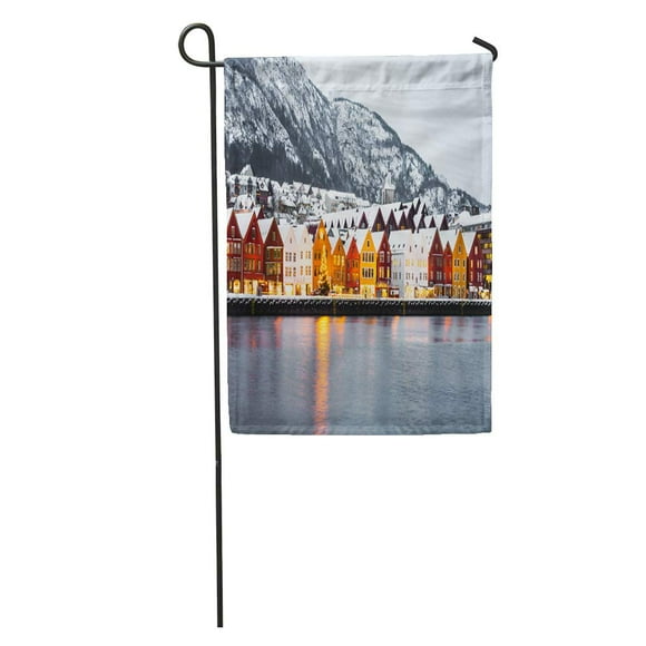 POGLIP Colorful Europe Bryggen Street Wooden Colored Houses in Bergen at Christmas Norway Blue Architecture Garden Flag Decorative Flag House Banner 12x18 inch