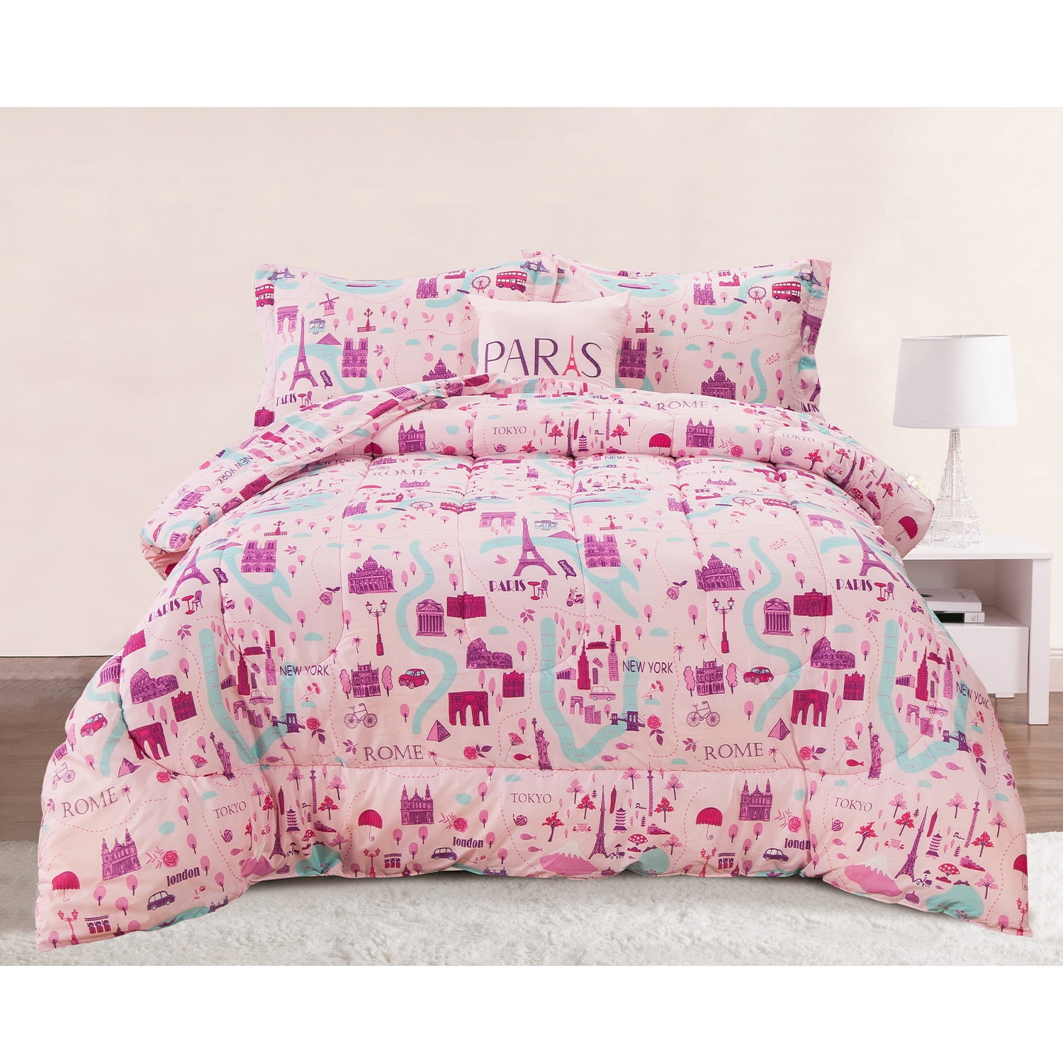 HowPlumb Bedding Twin 4 Piece Girls Comforter Bed Set Paris Eiffel Tower London Pink and Purple 