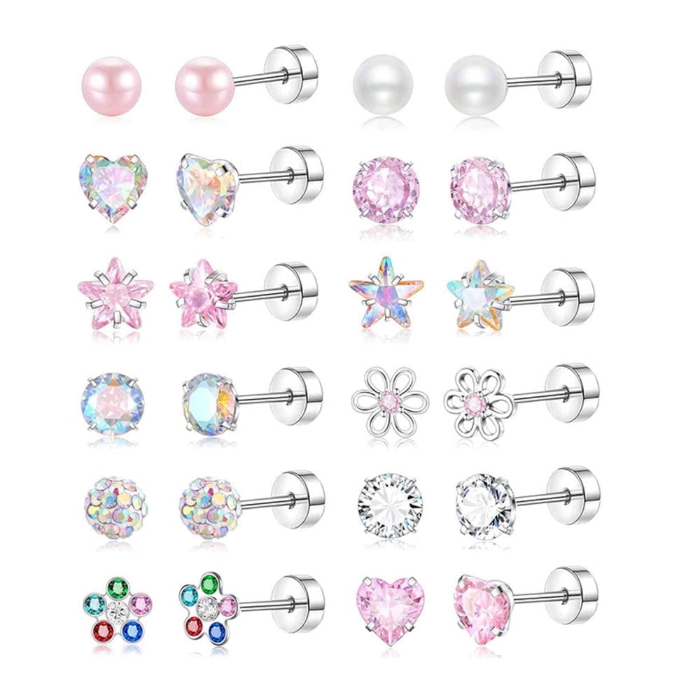 Txmasen 12 Pairs Surgical Steel Screw Back Earrings Sets Hypoallergenic Screw Back Stud Earrings Cute Heart Tiny CZ Flower Pink Stud Earrings