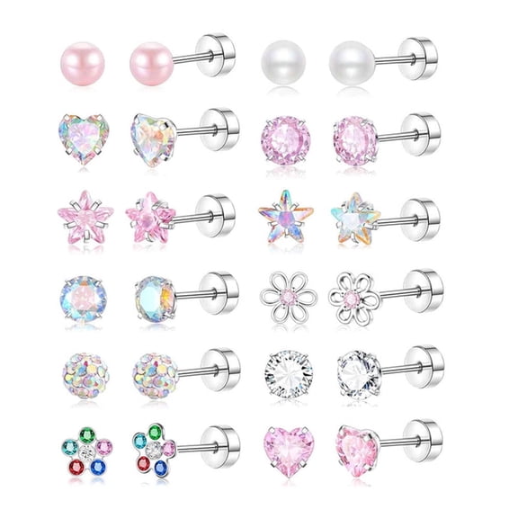 Txmasen 12 Pairs Surgical Steel Screw Back Earrings Sets Hypoallergenic Screw Back Stud Earrings Cute Heart Tiny CZ Flower Pink Stud Earrings