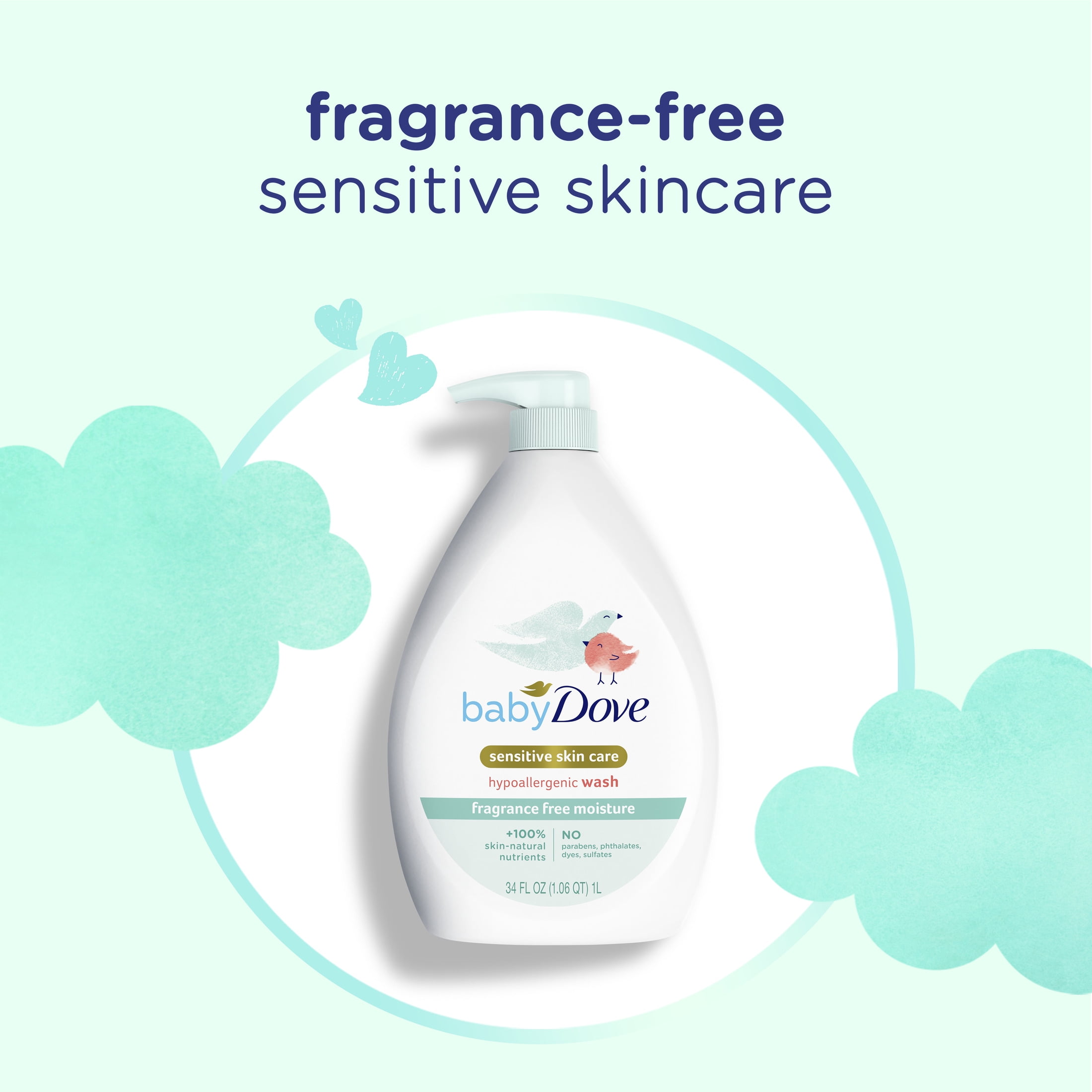 (6 pack) Baby Dove Sensitive Skincare Liquid Body Wash Fragrance Free Moisture, Hypoallergenic, 34 oz