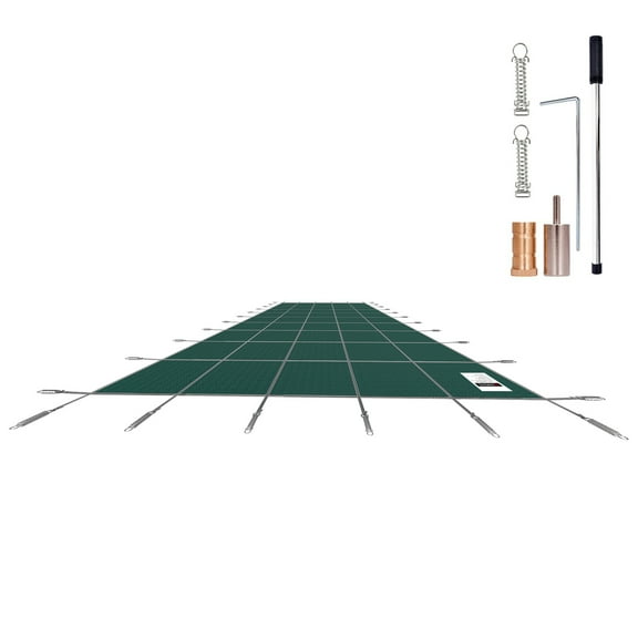 KFFKFF Ground Pool Secure Cover, 16x30 ft Rectangle, Winter Protection, Triple Stitched, Durable Mesh Polypropylene, Efficient Rain Drainage, Includes Install Kit, Green