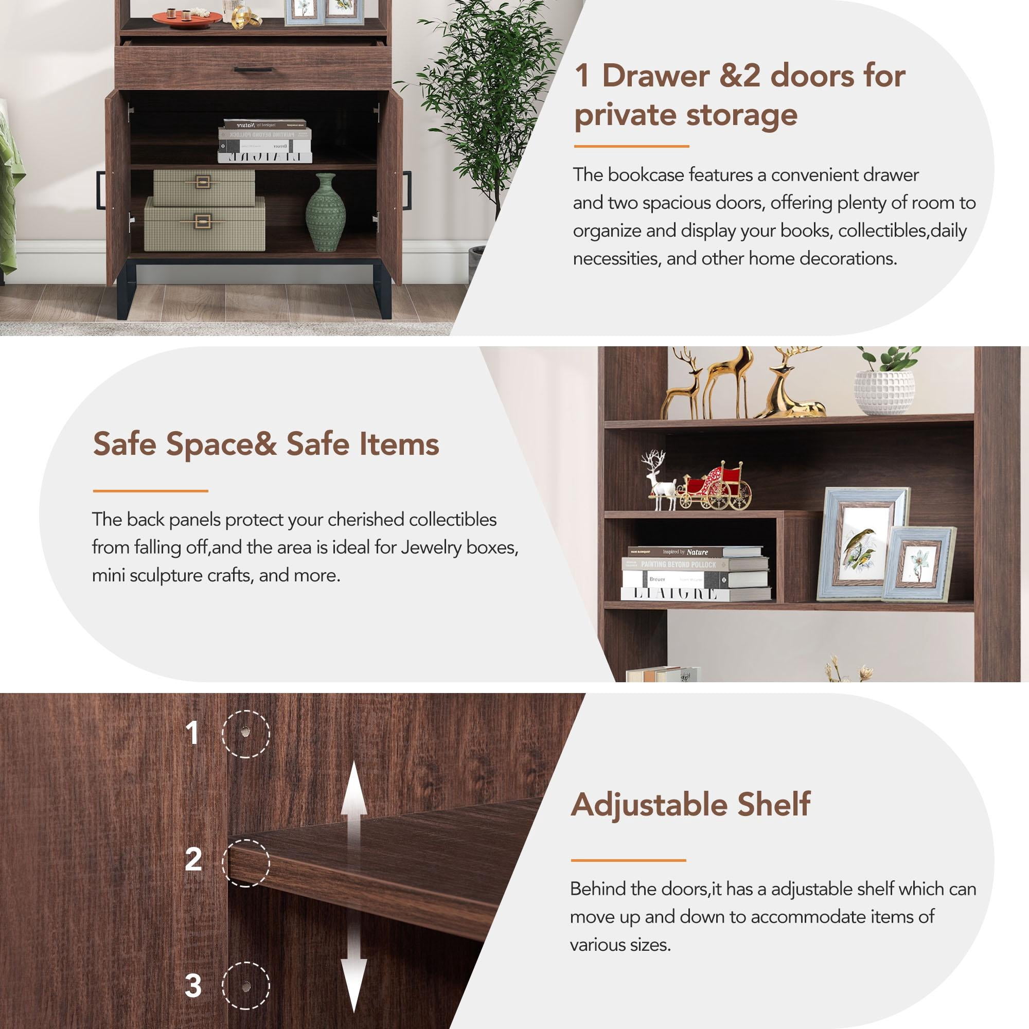 PORKISS Bookshelf with Doors, Wooden Bookcase with Storage Drawer and LED Strip Lights, Freestanding Display Rack Bookcase with Storage for Living Room and Office, Walnut