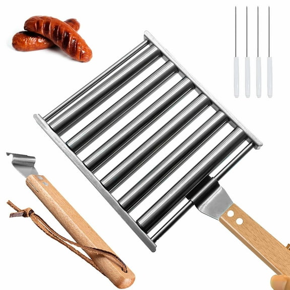 MODANU Hot Dog Roller for Grill Stainless Steel BBQ Hot Dog Grill Roller with Wooden Handle and 4 BBQ Skewers, Sausage Roller Rack for Evenly Cooked Hot Dogs