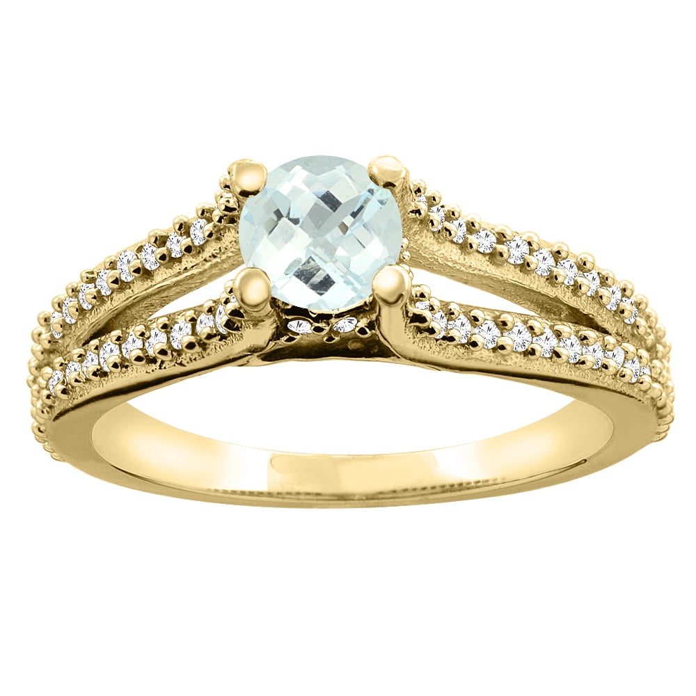 14K Yellow Gold Natural Aquamarine Engagement Split Shank Ring Round 5mm Diamond Accents, size 5.5 by Gabriella Gold