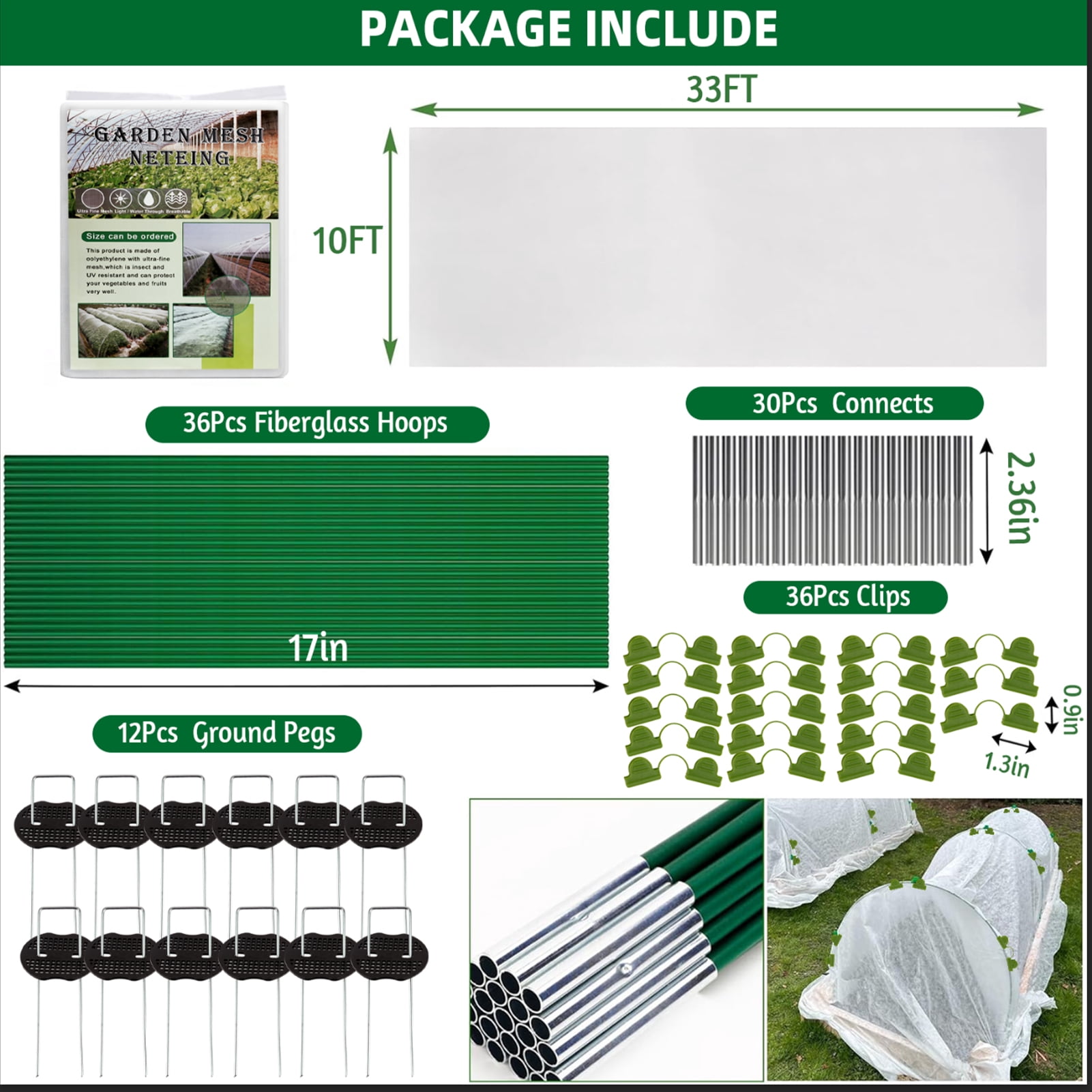 KORALAKIRI Garden Netting Kit, 10x33FT Mesh Netting, 6 Sets of Fiberglass Garden Hoops for Raised Beds, Insect Netting Row Cover, Pest Barrier Protection for Vegetable Fruits Flowers