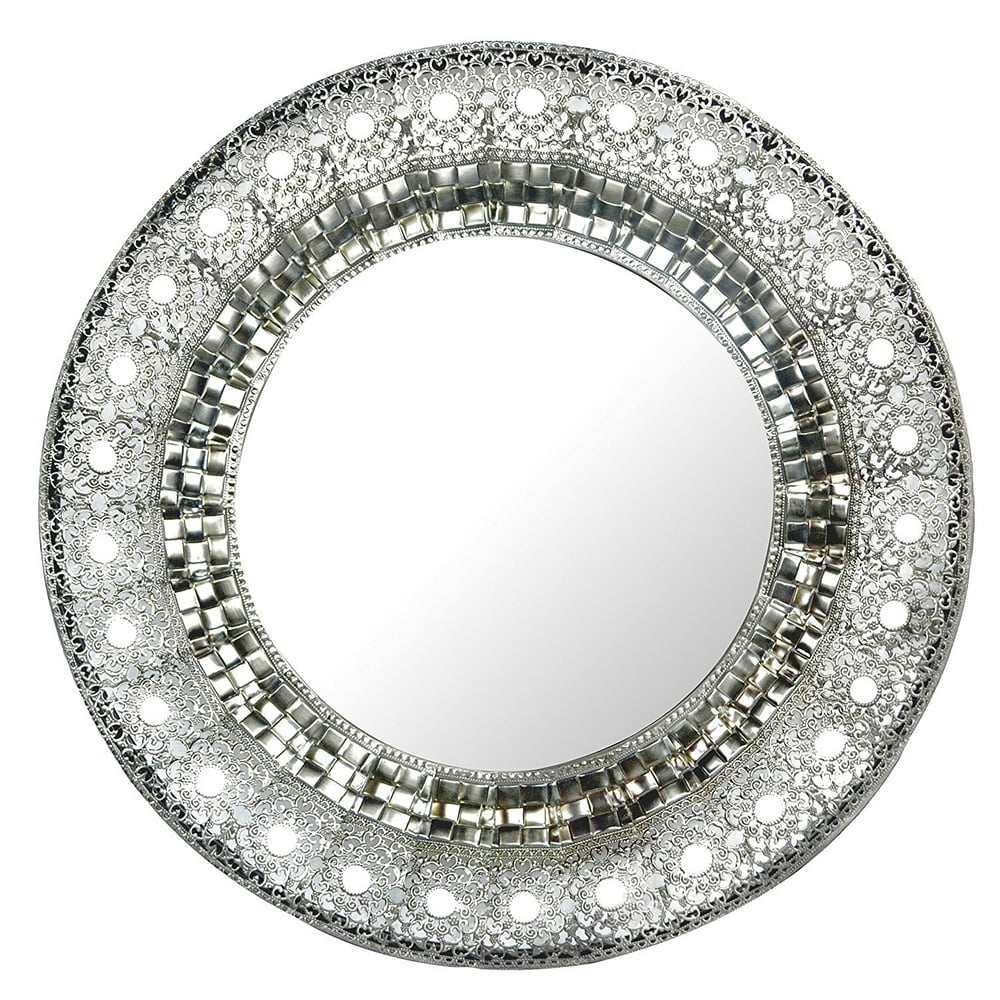 Lulu Decor, 19" Oriental Round Silver Metal Beveled Wall Mirror