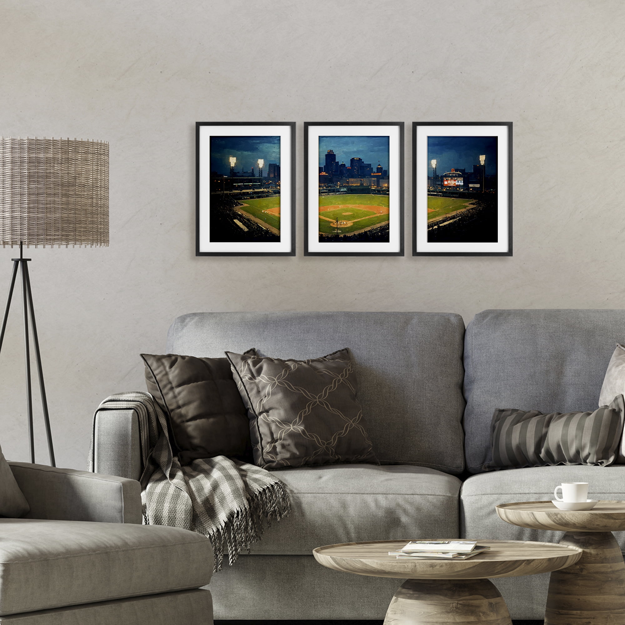 Stupell Industries Baseball Stadium Night View 3 Piece Black Framed Print Under Glass Set, design by Arlington Prints