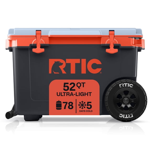 RTIC 52 Qt 76-Can Ultra-Light Rolling Cooler, Light Black & Persimmon