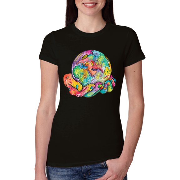 Wild Bobby Rainbow Painted I've Got The Whole World Dean Russo Design Inspirational/Christian Women Slim Fit Junior Tee, Black, Small