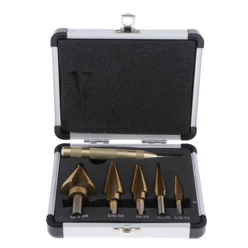 Step Drill 6Pcs Stepped Drilling Bit with Punch High Speed Steel Drill Bits Set Stepped Drilling Tool 
