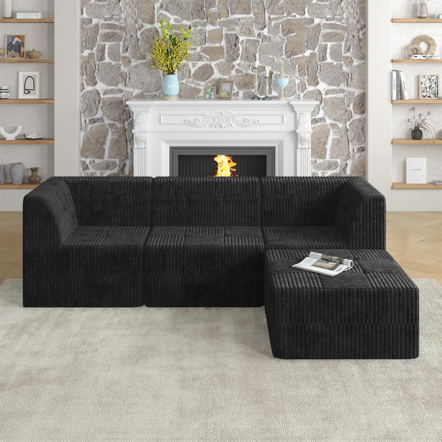 Demi Bonn 97" L-Shaped Modular Sectional Sofa, Modern Minimalist Style DIY Compressed Corduroy Couch for Living Room & Bedroom, Black