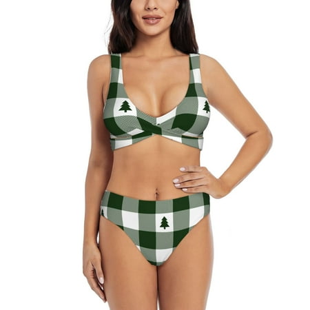 Zeuib Green White Lumberjack Plaid High Waisted Tummy Control Bikini Set - Knot Front Push Up Top & Cheeky Thong Bottom  Two-Piece Swimsuit for Women-XX-Large