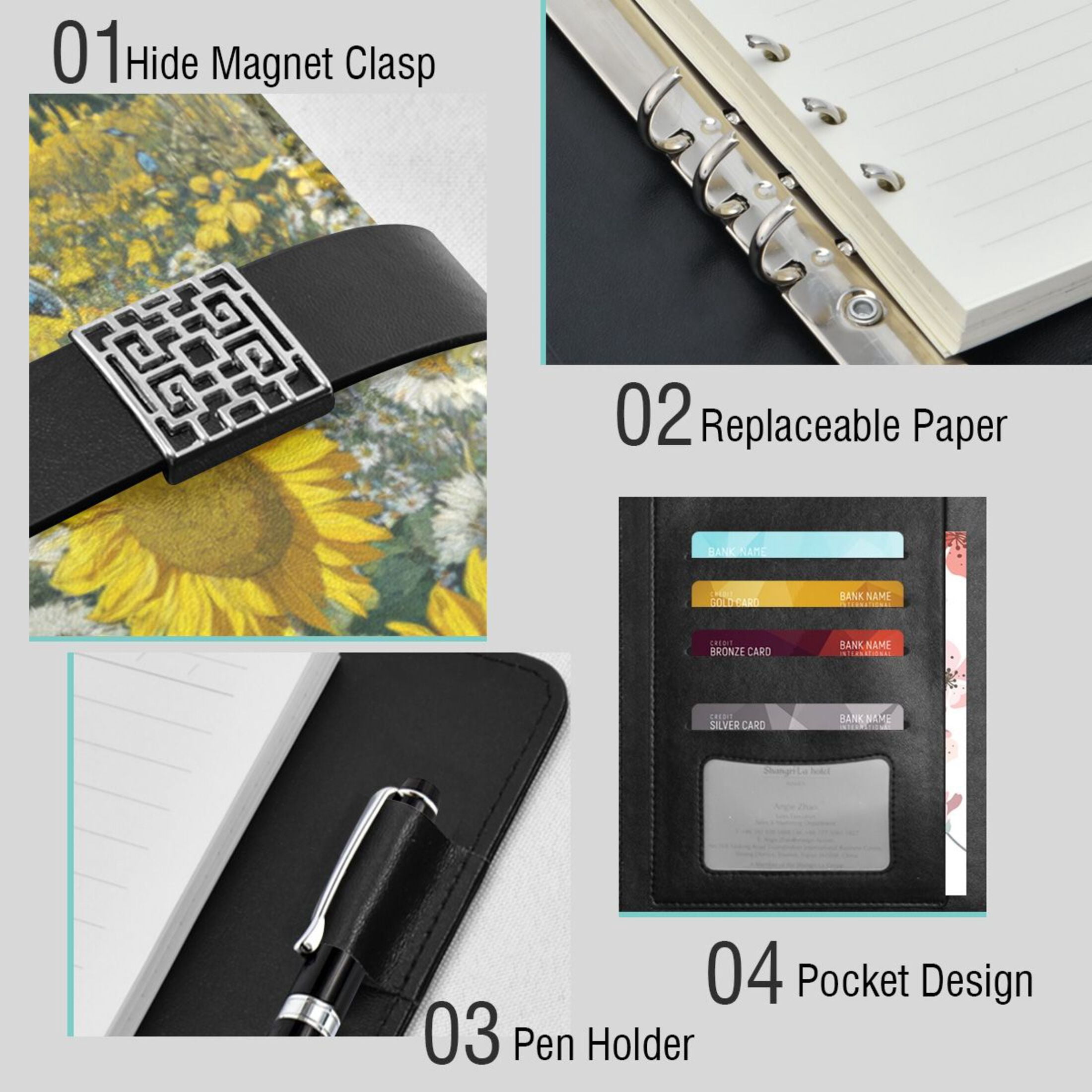 Leather Planner Leather Notebook Notebook Journal Binder Design Pen Pocket Design Convenient for Storage Sunflower Field Butterflies