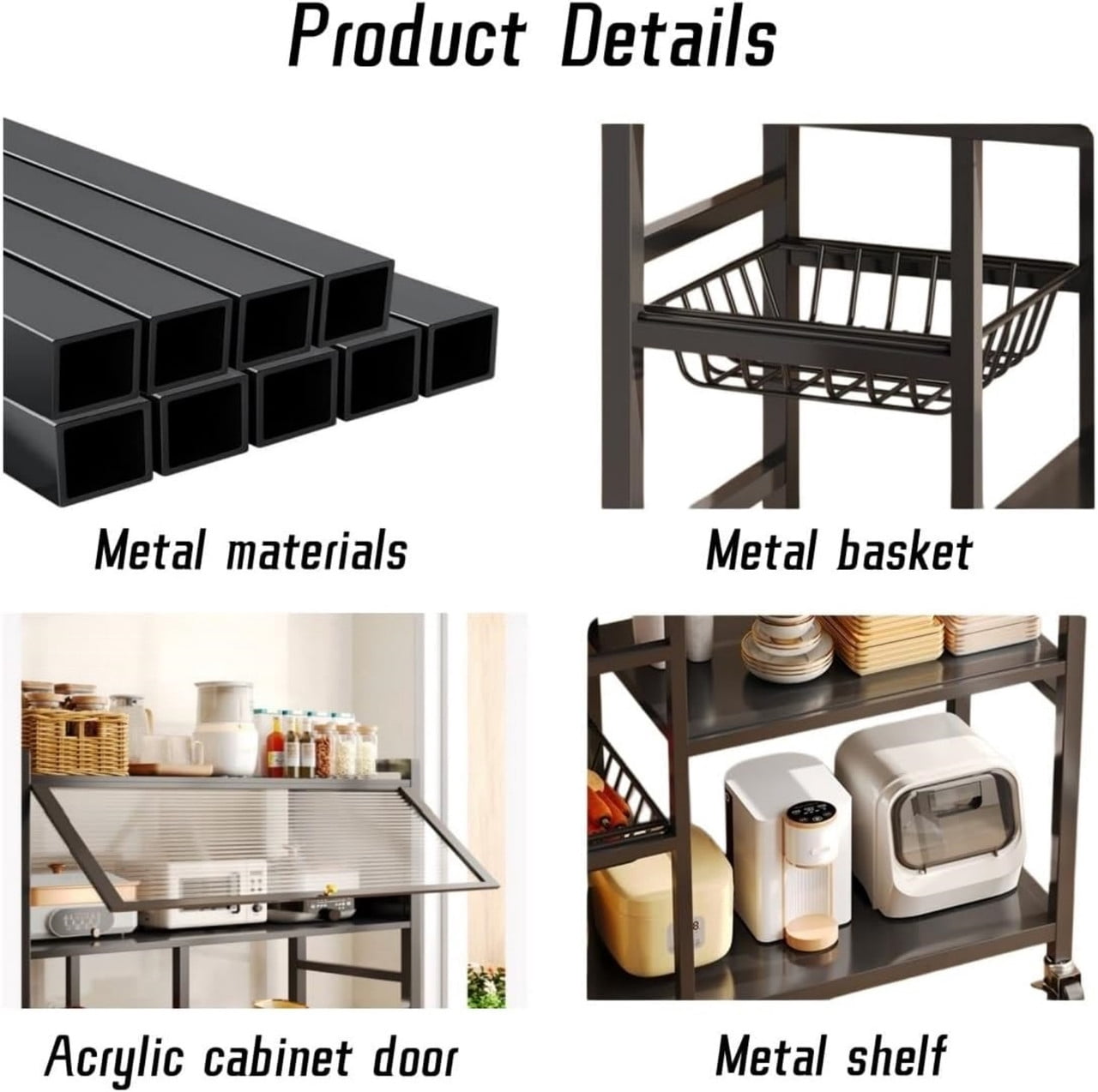 Kitchen Storage Rack with Acrylic Flip-Top Doors, Multifunctional Kitchen Storage Shelf with Baskets, Rolling Utility Serving Cart for Kitchen Garage