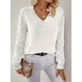 thumbnail image 4 of Women V Neck Knit Hollow Openwork Lantern Long Sleeve Ribbed Cuff Loose Fit Knit Pullover Sweater White L, 4 of 8