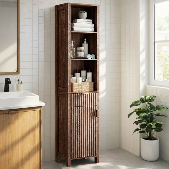 Ktaxon Fluted Bathroom Storage Cabinet Narrow Tall, Freestanding Cabinet Storage Tower with Grille Single Door and One Drawer, Walnut