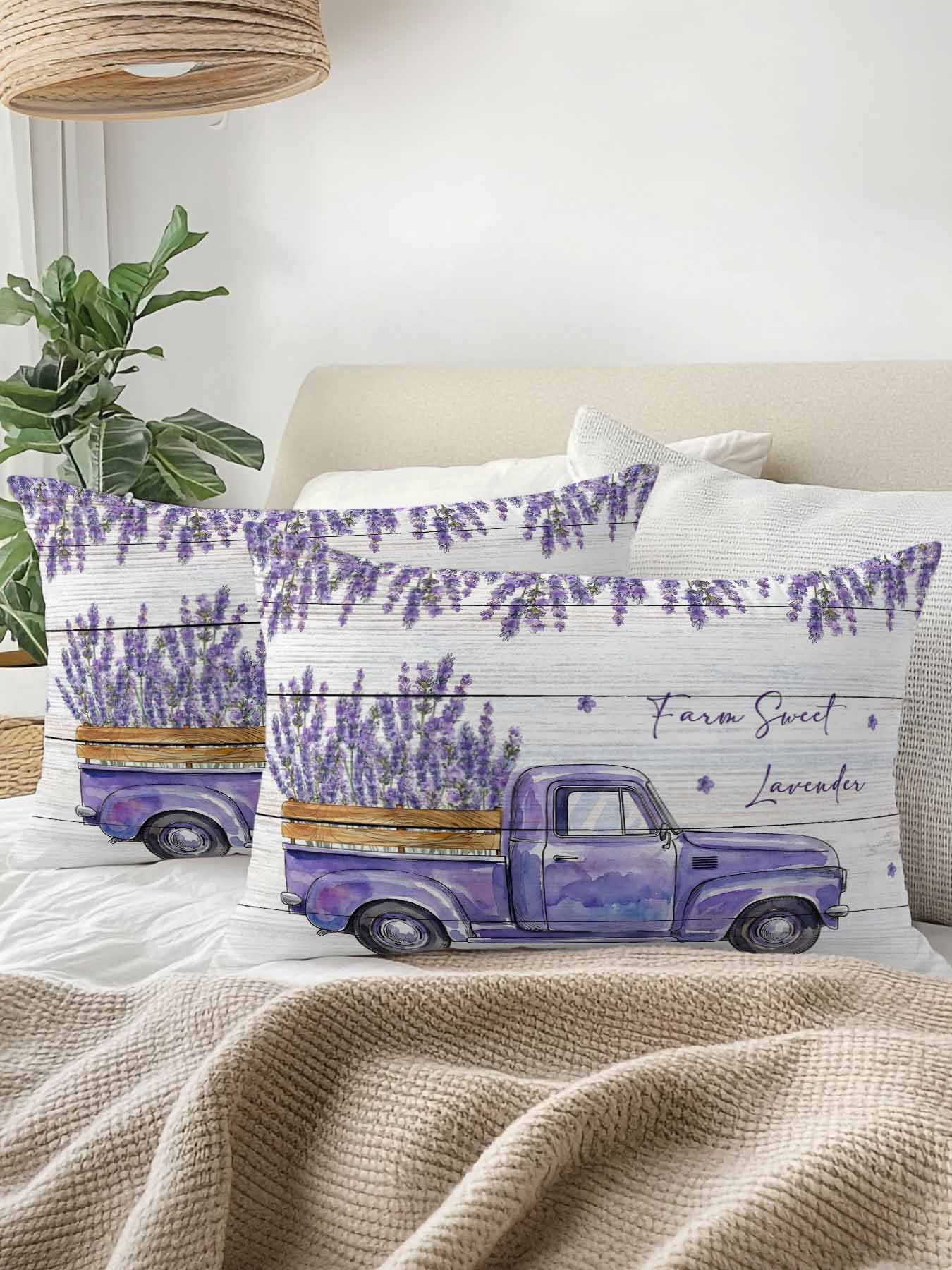 1 Pack Outdoor Throw Pillow, Purple Floral Waterproof Pillow with Insert Included, Spring Farmhouse Lavender Truck Wooden Gray Decorative Accent Cushion Lumbar Pillows for Patio Porch, 12 x 20 In