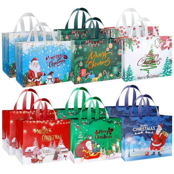 Tuonito 12 pack Large Christmas Bags for Gifts, Reusable Non-Woven Christmas Tote Bags with Handles for Holiday Xmas Party ,12.8"×9.8"×6.7"