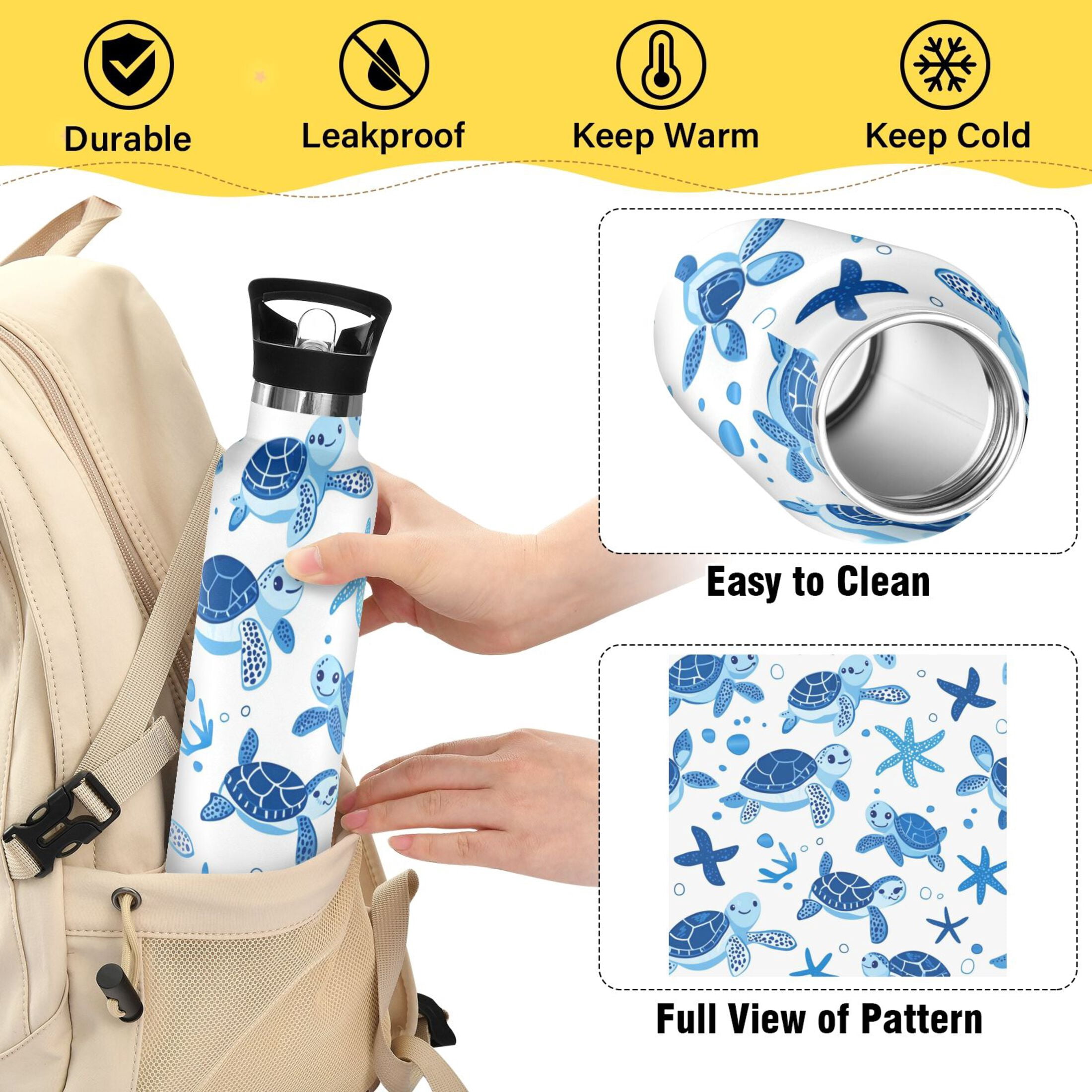 Kids Insulated Stainless Steel Sports Water Bottle 600ml (20oz) Cute Turtles and Starfish
