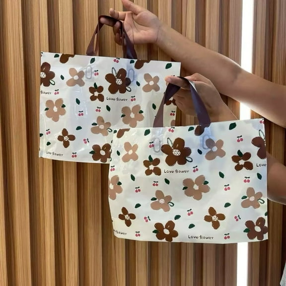 ​ 50 Pcs Premium Plastic Gift Bags with Brown Flower Patterns - 11.81x7.87x3.15 in, Pink - Handle, Durable & Elegant for Birthday Parties, Weddings & Events