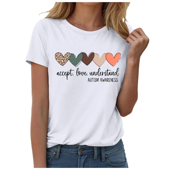 GEWSEY Autism Awareness Shirt for Women I Wear Blue Tshirt Autistic Mom T-Shirt Puzzle Piece Short Sleeve Tops White, XXL