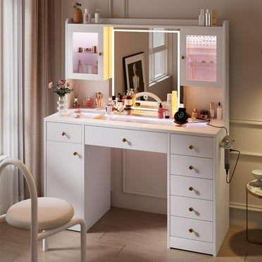 iPormis Vanity Desk with Mirror and Lights, Glass Top Makeup Vanity with RGB Light and  Charging Station for Girls , White