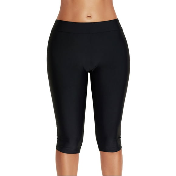 Sexy Dance Maillot de Bain pour Femme Longueur Genou, Taille Haute Élastique, Shorty, Tenue de Bain, Couleur Unie, Bord de Mer, Noir, TTG