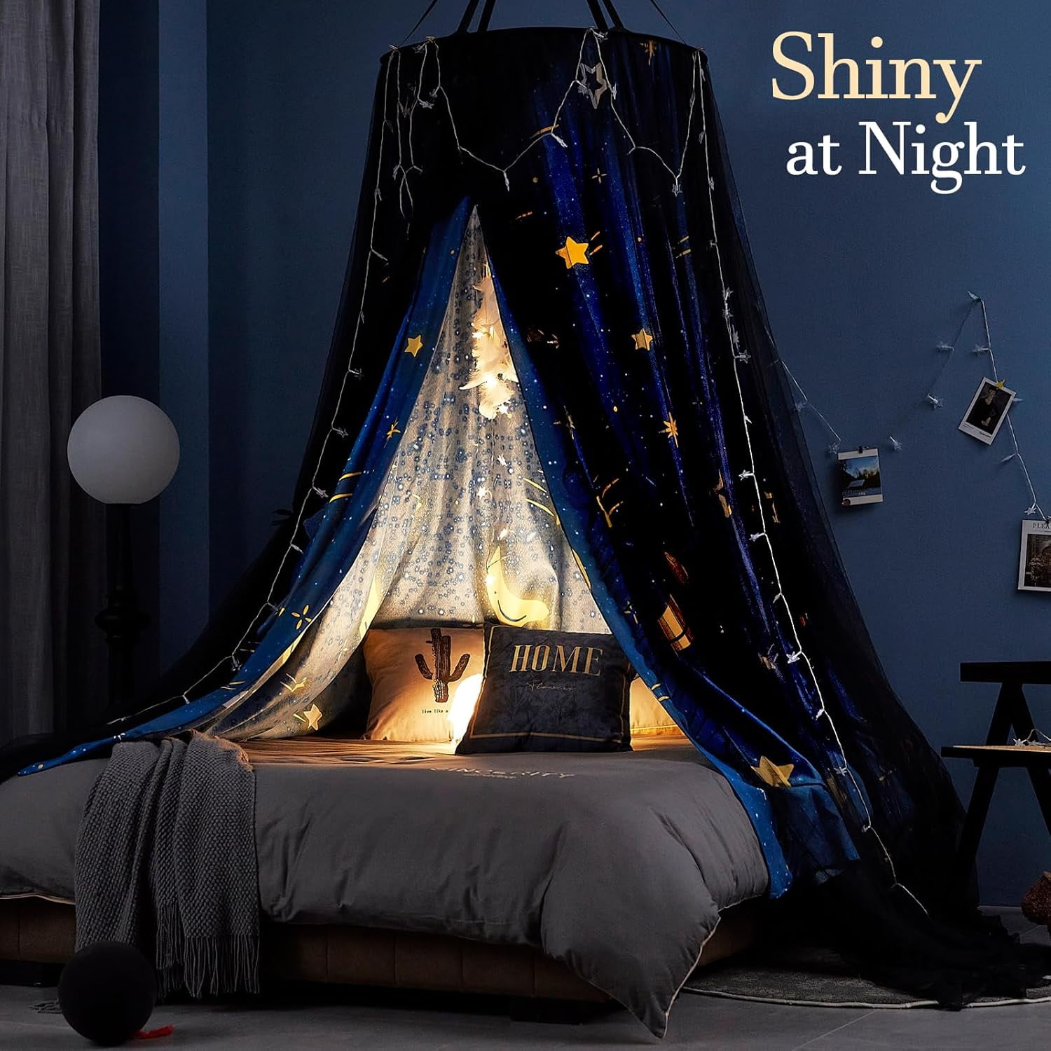 Gorgeous Star Printed Bed Canopy for Girls & Adults, Room Decorative Cozy Bed Curtain Canopy Drapes, Round Dome Luxurious Lace Princess Canopies Mosquito Netting (Star)