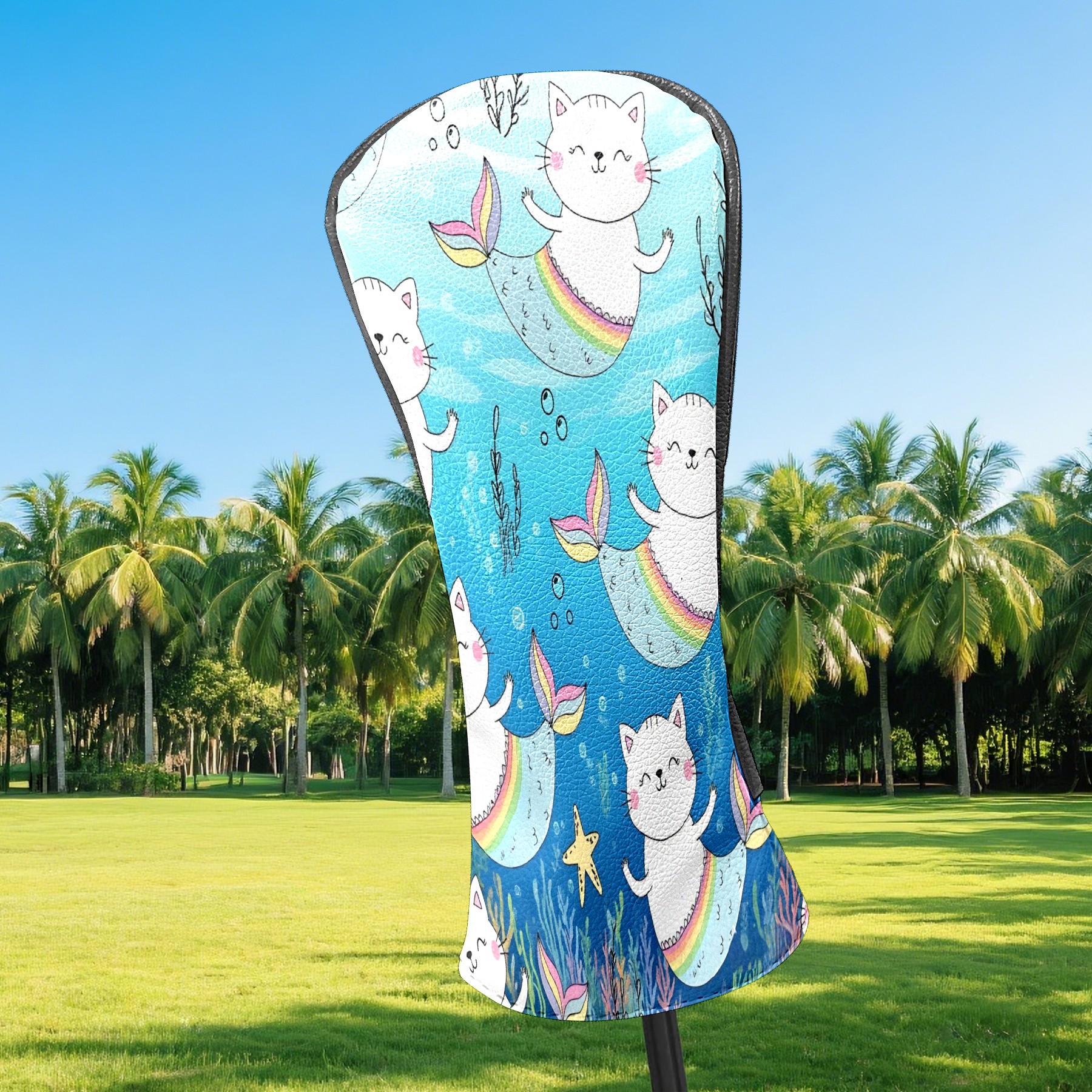 Golf Club Head Covers - Mermaid Cat Blue Design, Premium PU Leather Driver Hybrid Headcovers with Velvet Lining, Waterproof Golf Gifts for Men Women