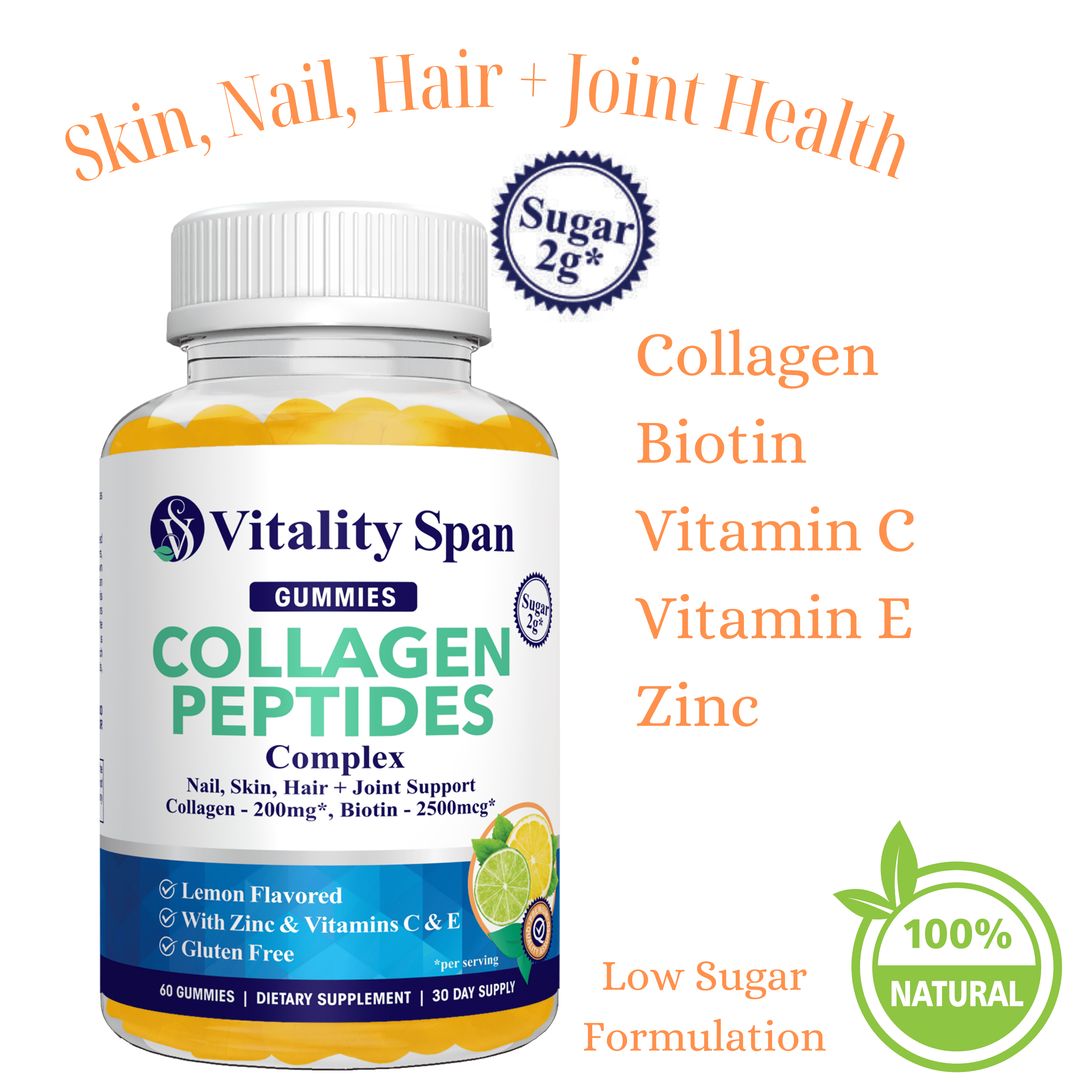 Collagen Gummies with Biotin 2500mcg for Skin Hair & Nails, Low Sugar, Made in USA
