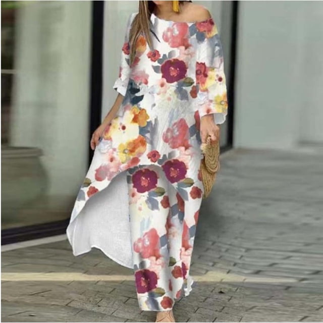 Algodón Lino Camisa larga Top Impreso Pantalón Elegante Mujer Suelto Traje de vacaciones FLhrweasw Nuevo
