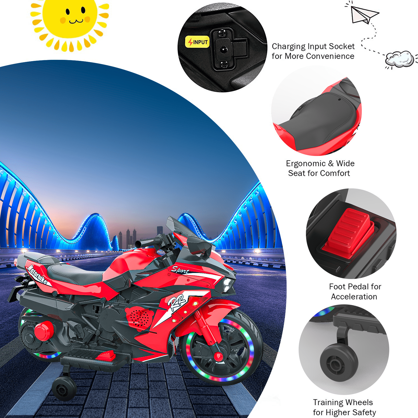 TaTee 12V Kids Electric Motorcycle, Battery Powered Ride-On Toy with Training Wheels for Boys & Girls Ages 3-6, Bluetooth Music & LED Lights, Red