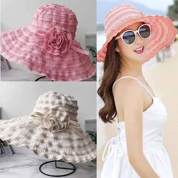 Women's Wide Brim Sun Hat with UV Protection, Beach Bucket Hat/Light Pink
