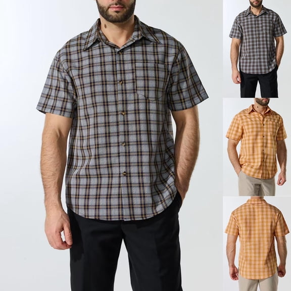 SROBPTY Mens Summer Shirts, Mens Short Sleeve Button Down Shirts, Mens Plaid Loose Casual Collared Short Sleeve Shirts Yellow,XXL