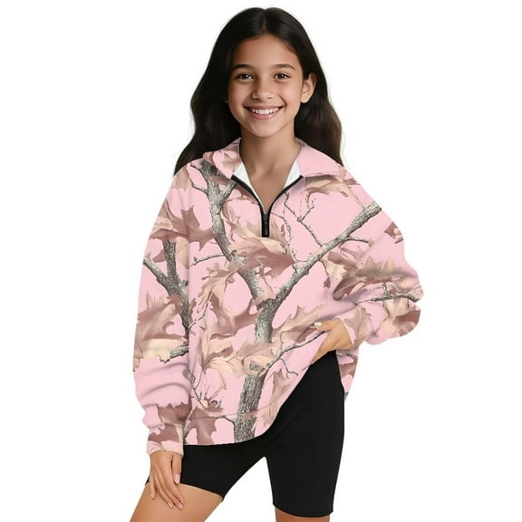 Uorisanigo Kids Girls Sweatshirt Casual Long Sleeve Pullover Crop Tops Oversized Pink Camo Hunting Forest Quarter-Zip Pullover Jacket Teen Girl School Athletic Tops Fall Fashion Outfits Clothes