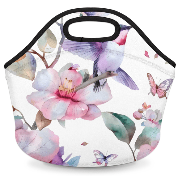 Herdesigns Hummingbird On Flower Insulated Neoprene Lunch Bag for Women Men Lunch Box Washable Reusable Lunch Tote Lightweight Lunch Handbag for Work Outdoor Picnic